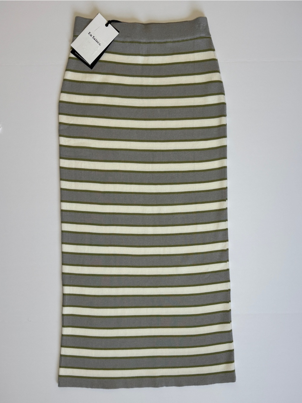 En Saison Grey, Olive, and White Striped Knit Maxi Skirt